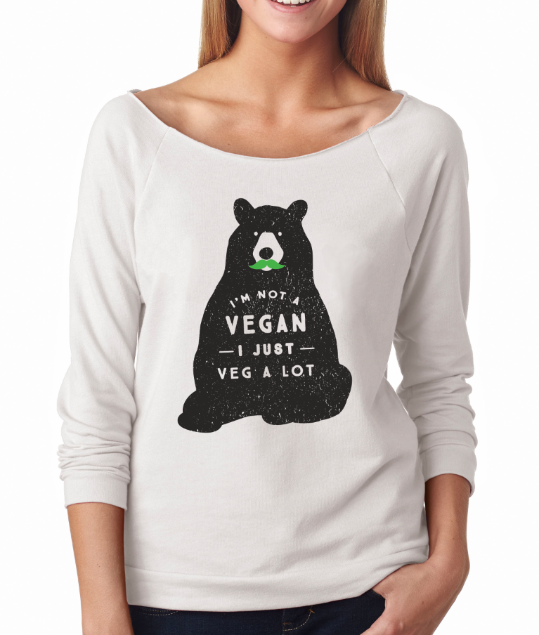 A stylish French Terry 3/4 sleeve tee with the slogan 'I'm Not A Vegan, I Just Veg A Lot', featuring a soft fabric and raw-edge design.