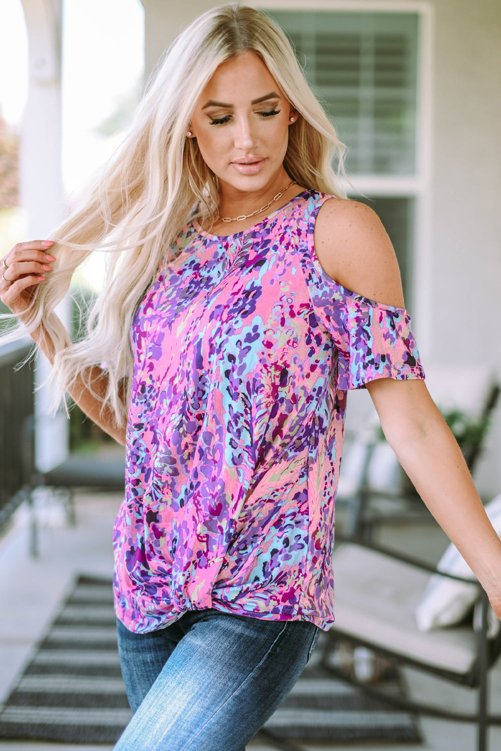 Lavender Floral Print Cold Shoulder Blouse featuring elegant floral patterns and stylish cold shoulder design.