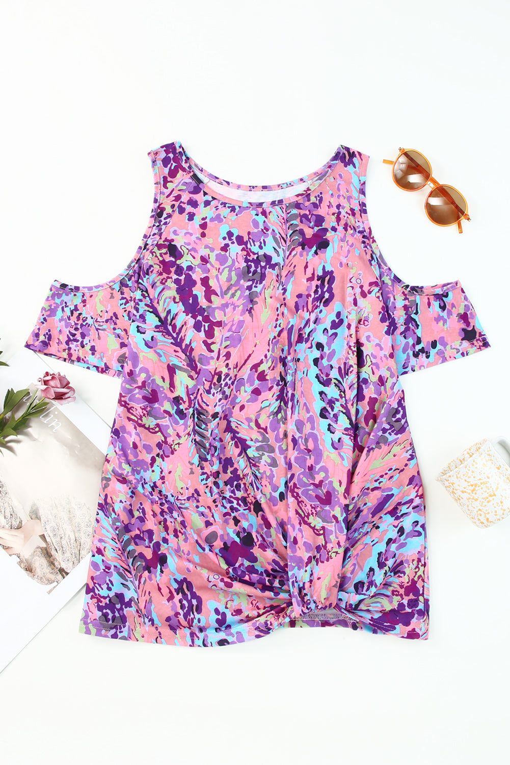 Lavender Floral Print Cold Shoulder Blouse featuring elegant floral patterns and stylish cold shoulder design.