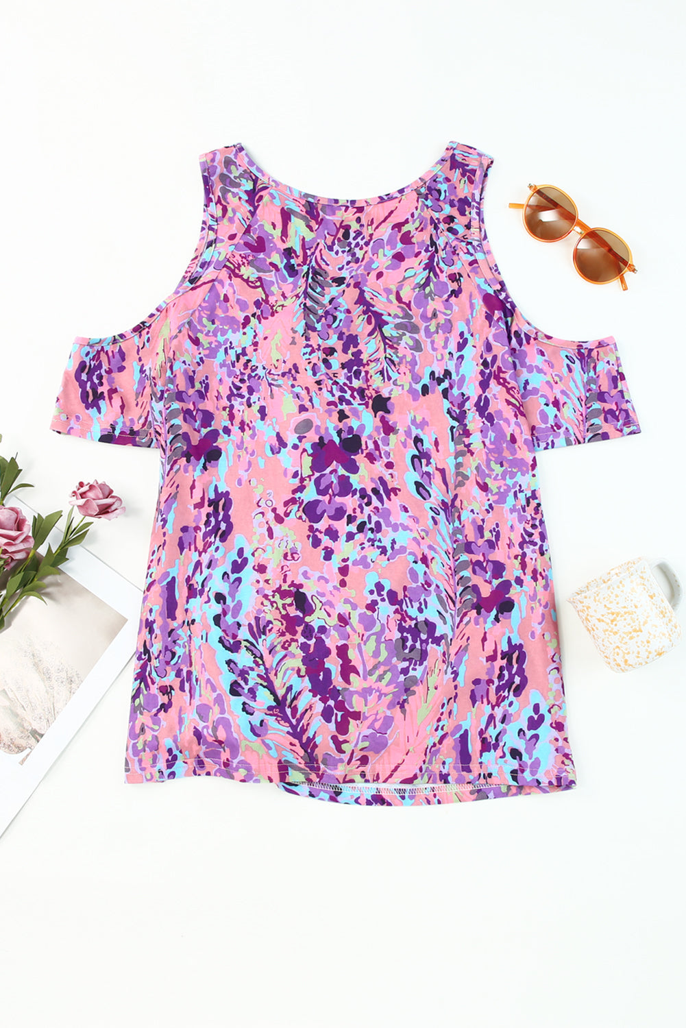 Lavender Floral Print Cold Shoulder Blouse featuring elegant floral patterns and stylish cold shoulder design.