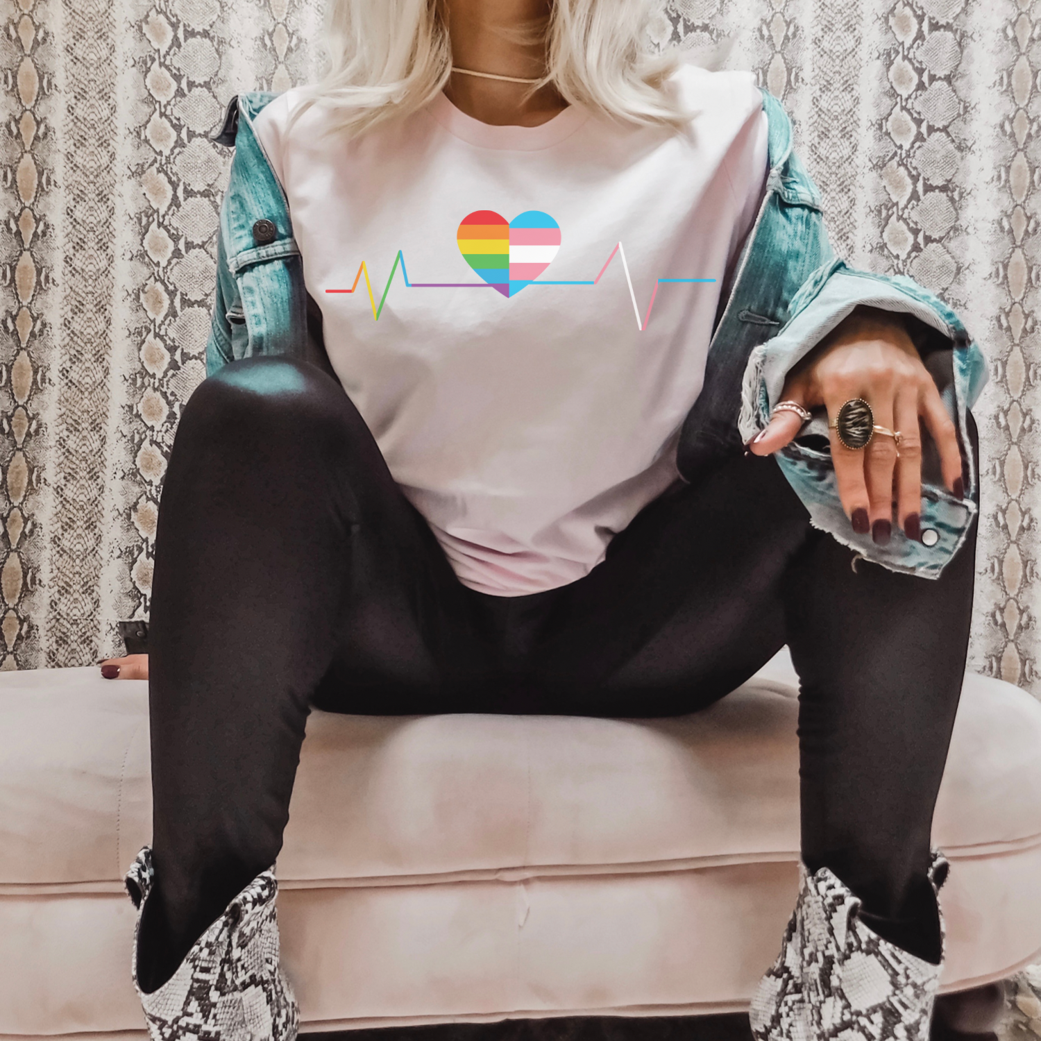 LGBTQ+ Heartbeat Graphic Tee featuring a colorful heartbeat design on soft cotton fabric, perfect for pride and casual wear.