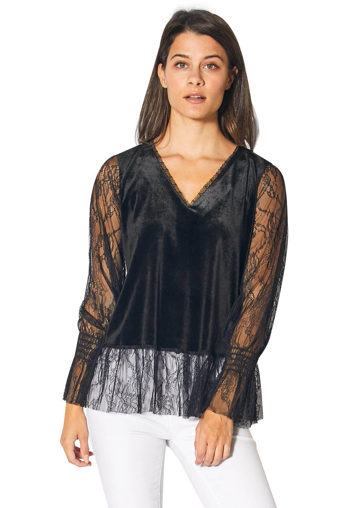 A stylish black long sleeve velvet top featuring elegant lace trim, perfect for any occasion.