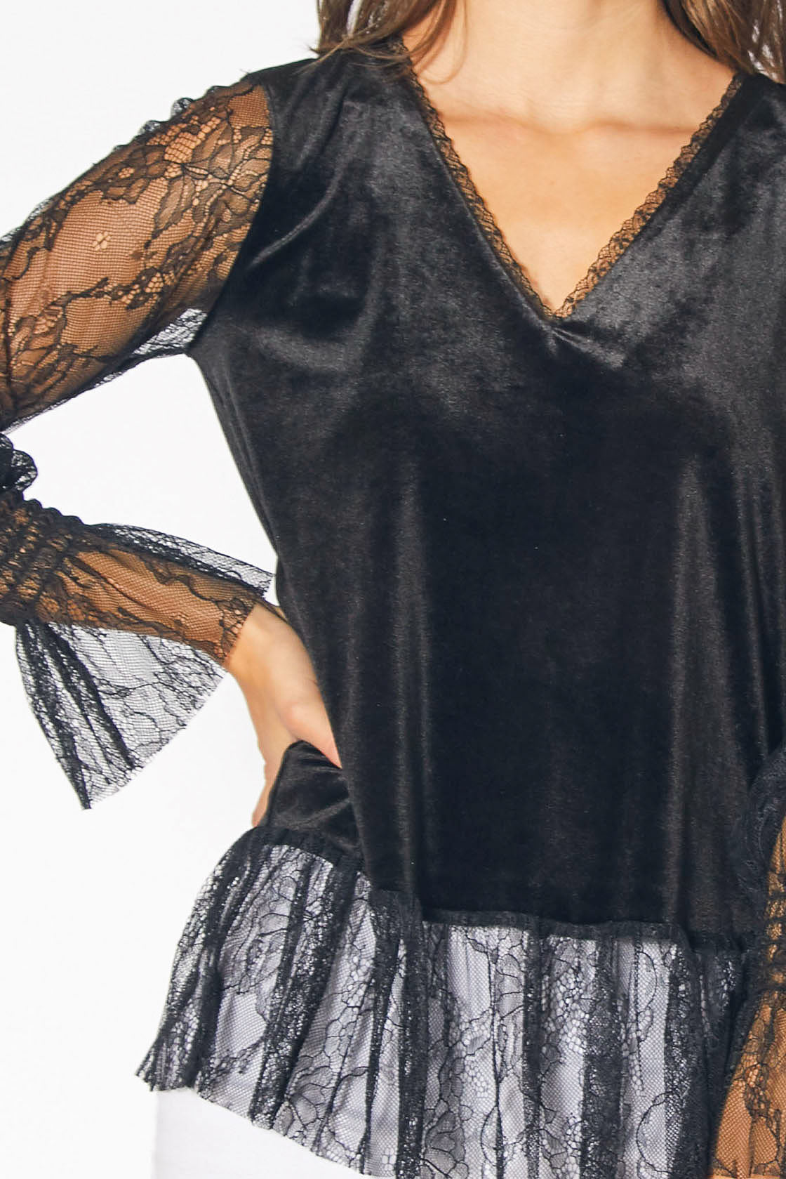 A stylish black long sleeve velvet top featuring elegant lace trim, perfect for any occasion.
