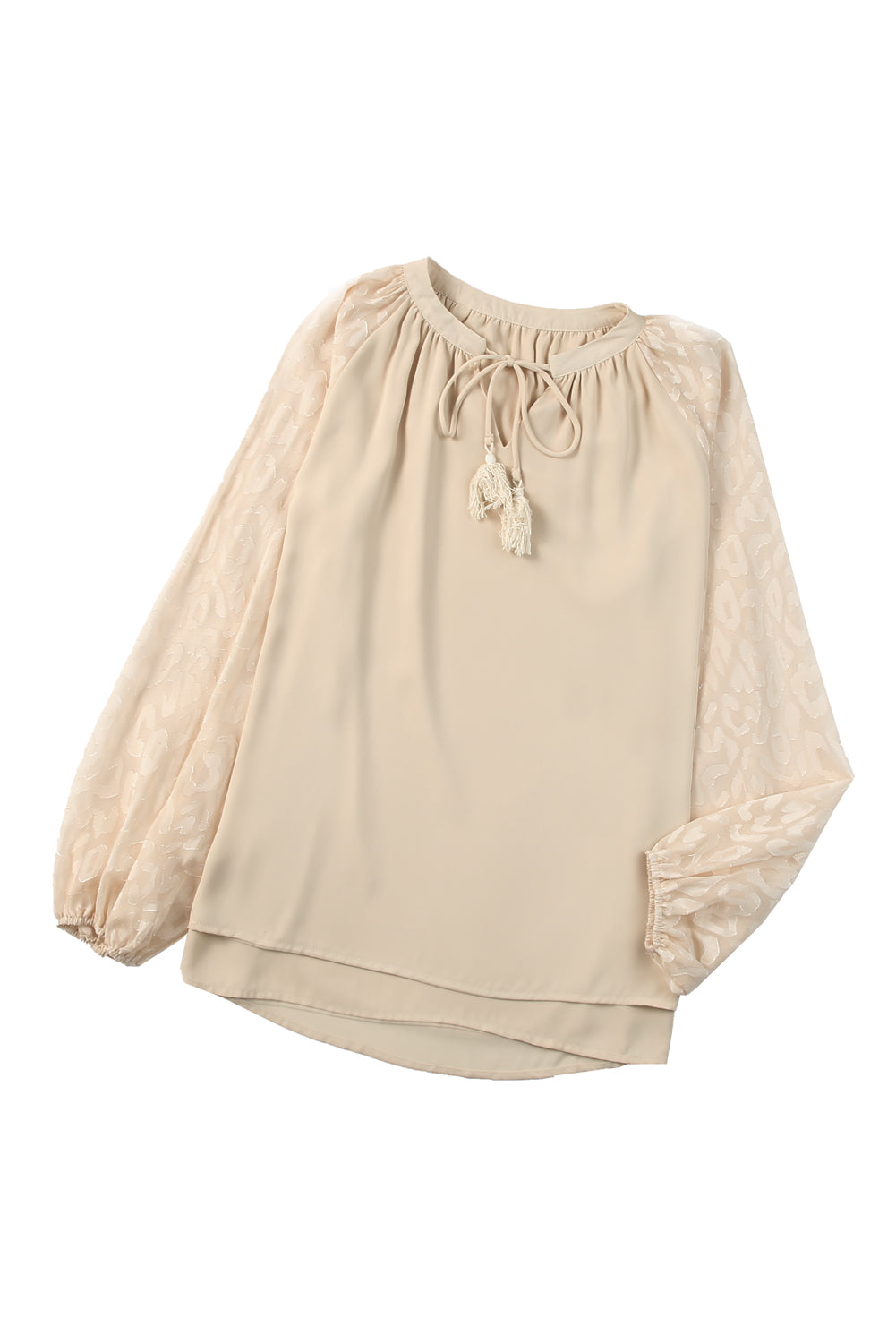 Leopard Mesh Split Neck Blouse featuring bubble bishop sleeves and elegant design, perfect for casual and formal occasions.