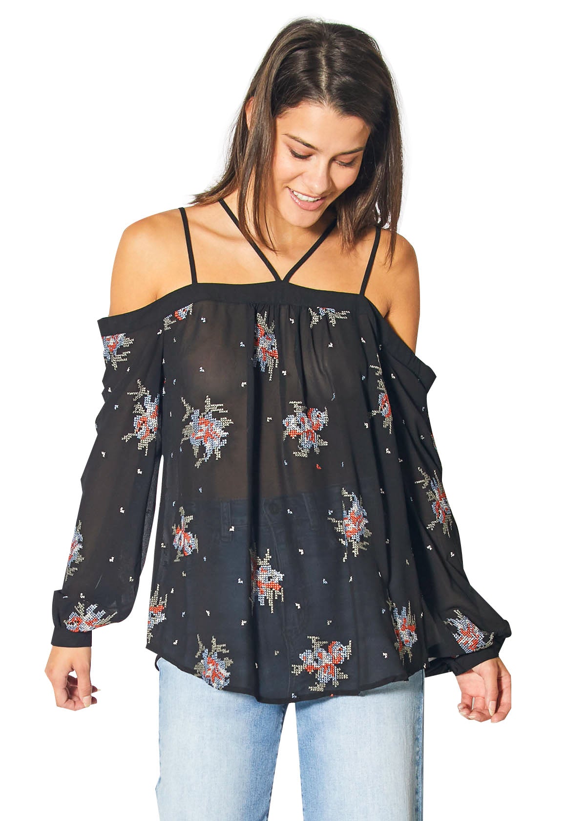 Off shoulder black blouse featuring intricate embroidery print, perfect for stylish outfits.