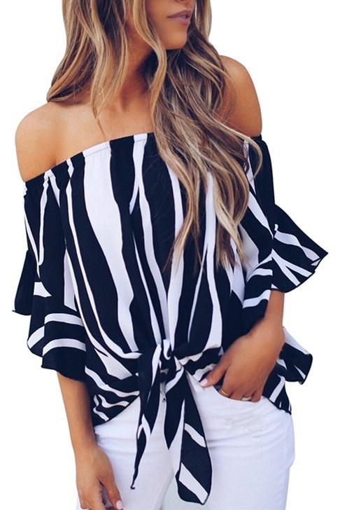 Off the shoulder black and white vertical stripes blouse with ruffles and tie front detail, perfect for summer wear.