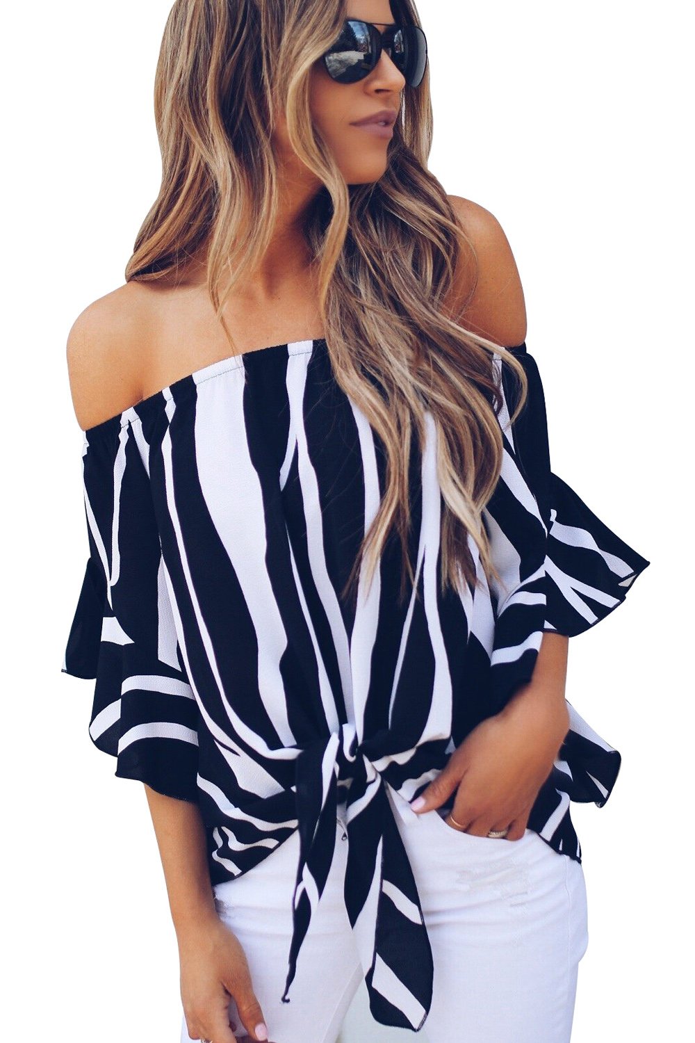 Off the shoulder black and white striped blouse with tie front and ruffles, perfect for summer wear.
