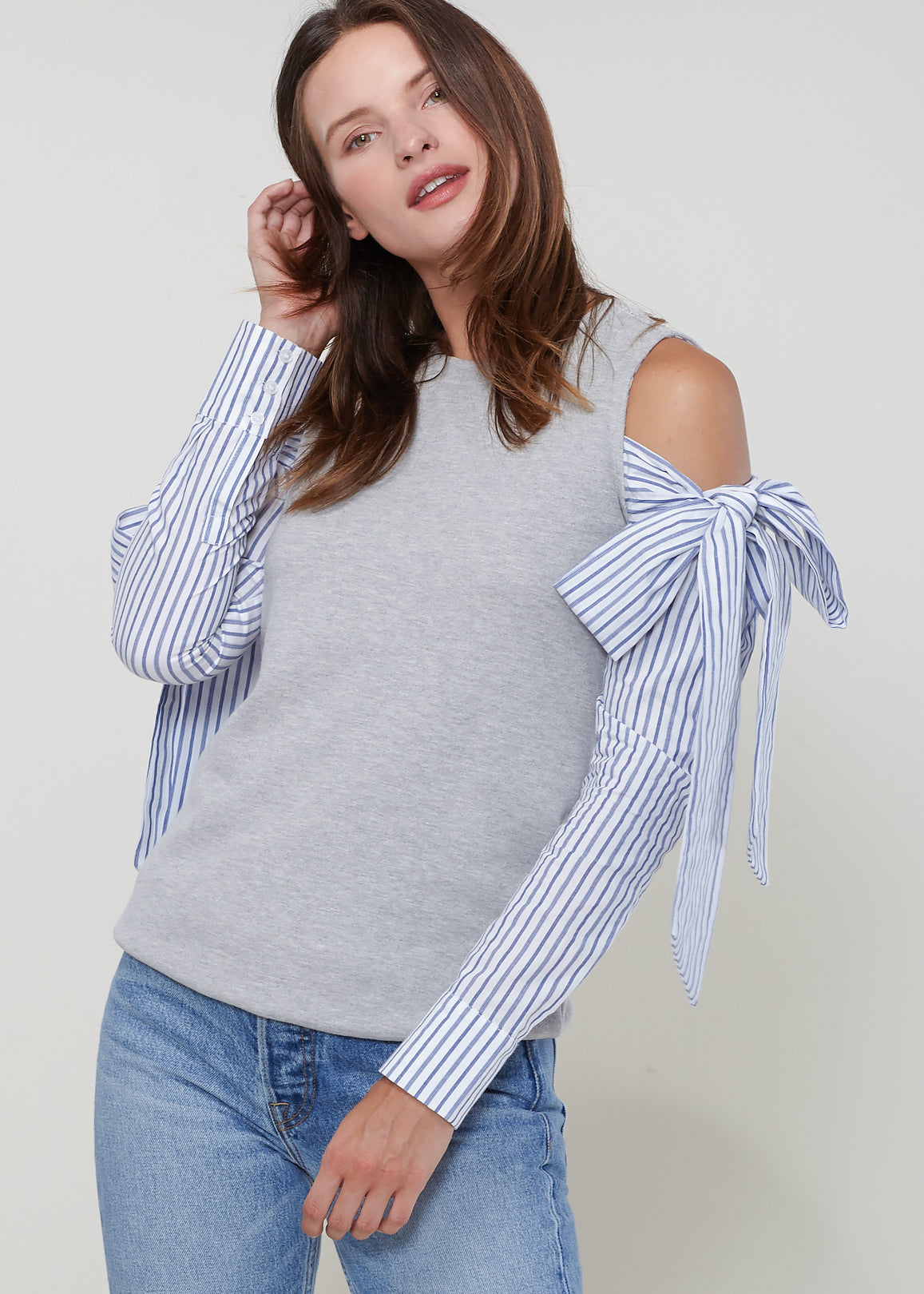 Open Shoulder Tie Sleeve Top in Heather Grey featuring stylish tie sleeves and a soft fabric blend.