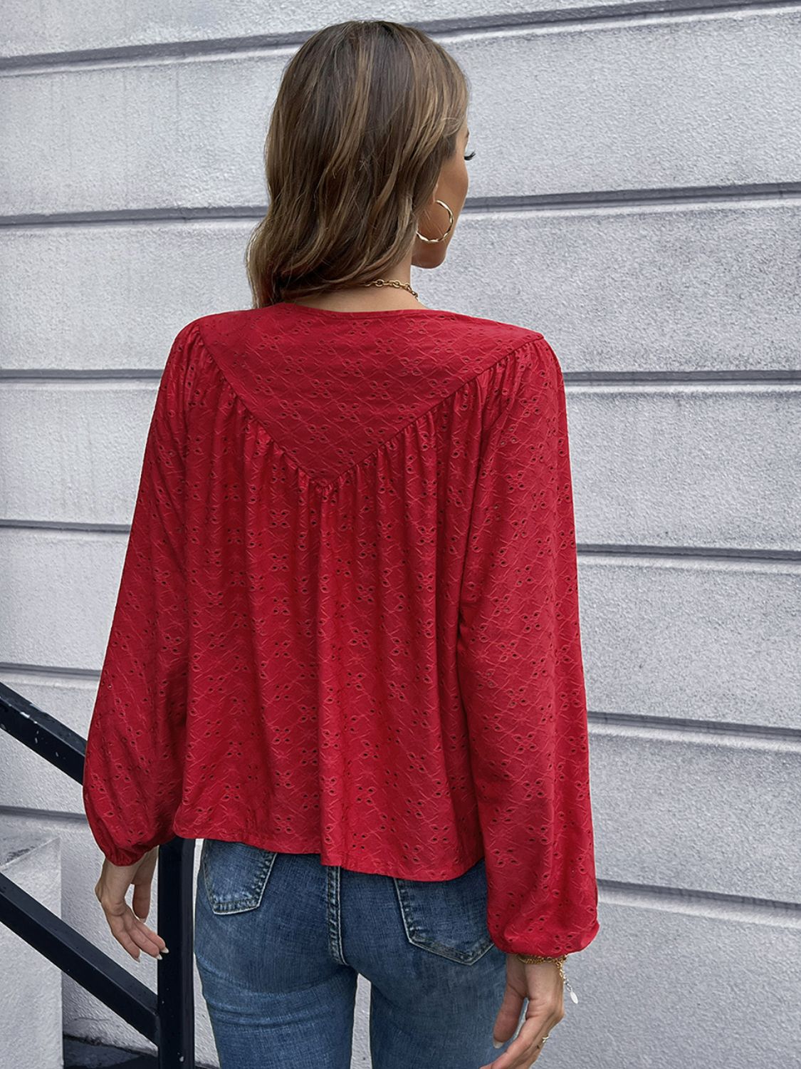 Openwork gathered detail balloon sleeve blouse in various colors, showcasing its stylish design and elegant balloon sleeves.