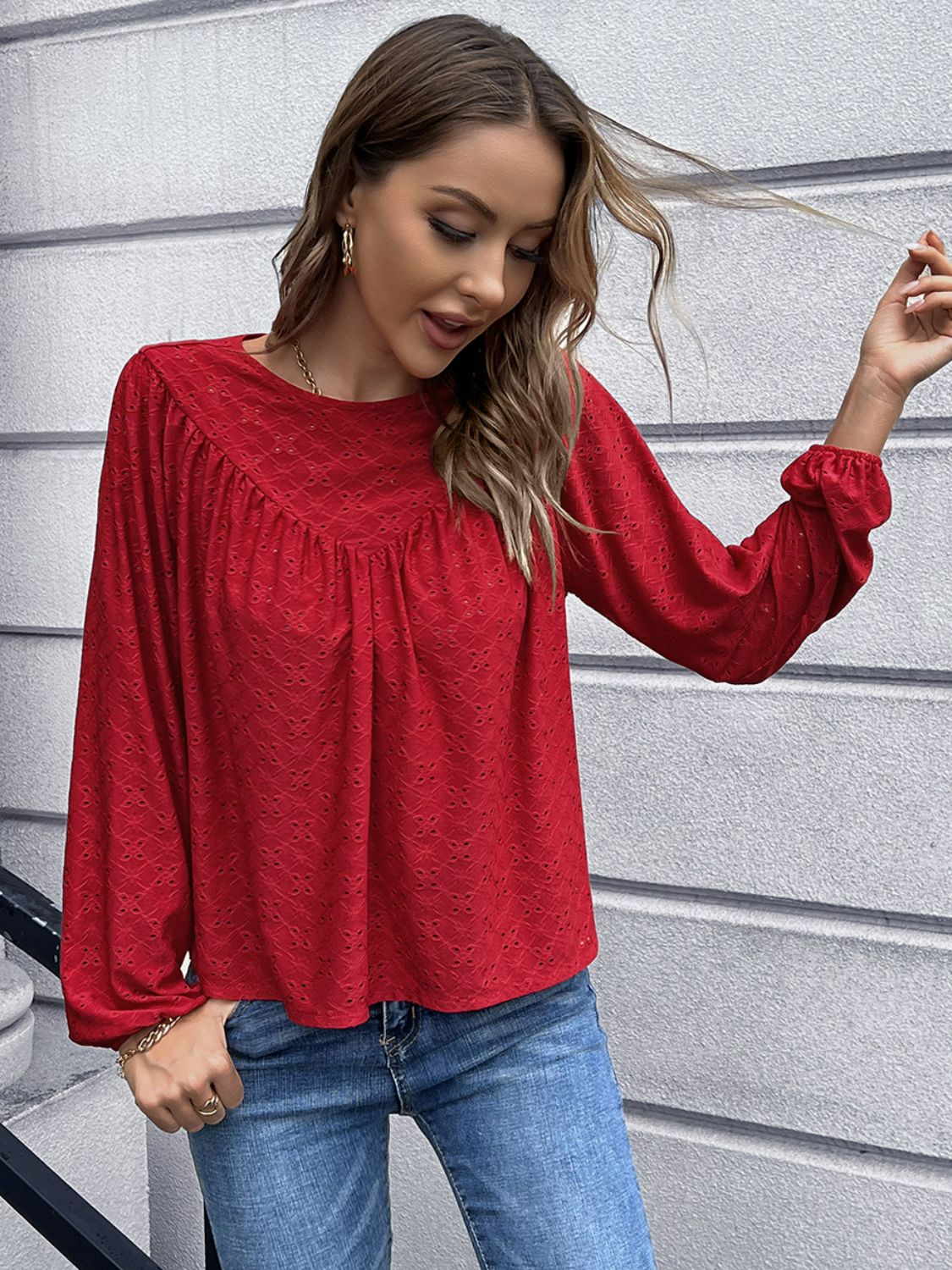 Openwork gathered detail balloon sleeve blouse in various colors, showcasing its stylish design and elegant balloon sleeves.