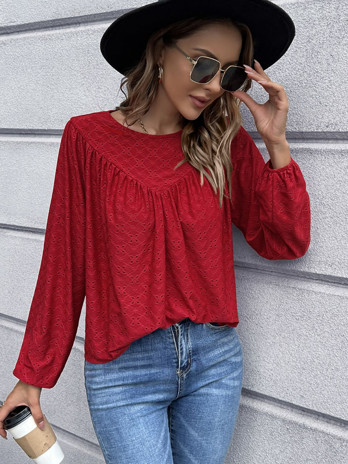 Openwork gathered detail balloon sleeve blouse in various colors, showcasing its stylish design and elegant balloon sleeves.