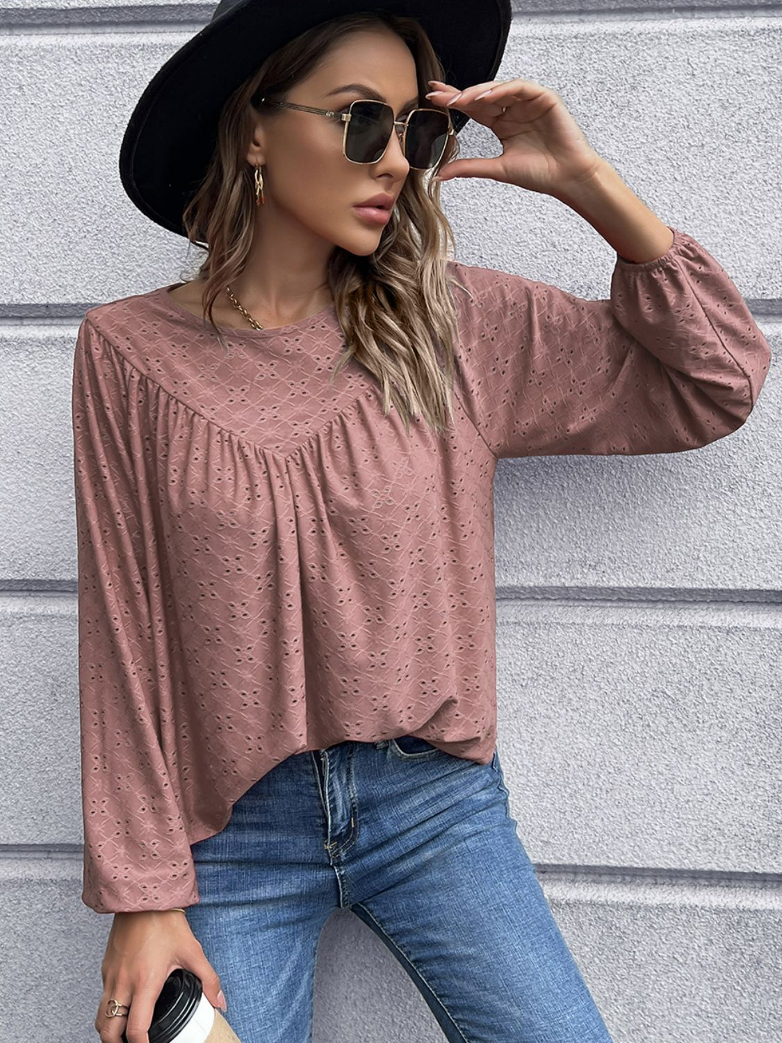 Openwork gathered detail balloon sleeve blouse in various colors, showcasing its stylish design and elegant balloon sleeves.