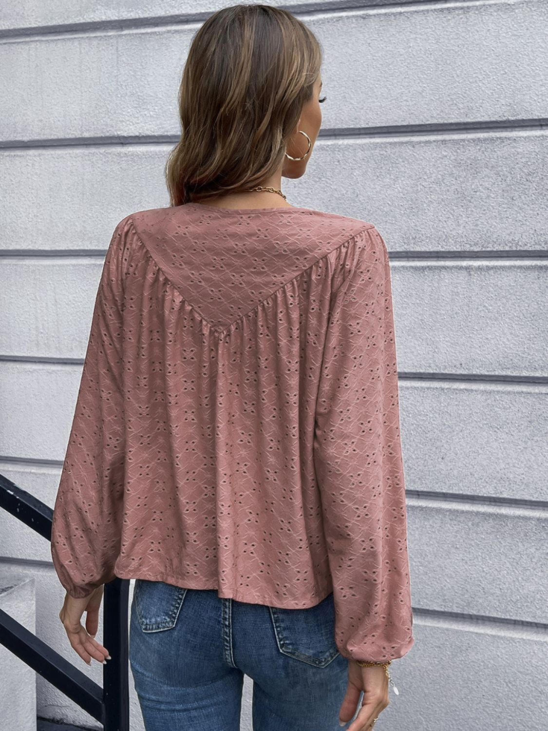 Openwork gathered detail balloon sleeve blouse in various colors, showcasing its stylish design and elegant balloon sleeves.