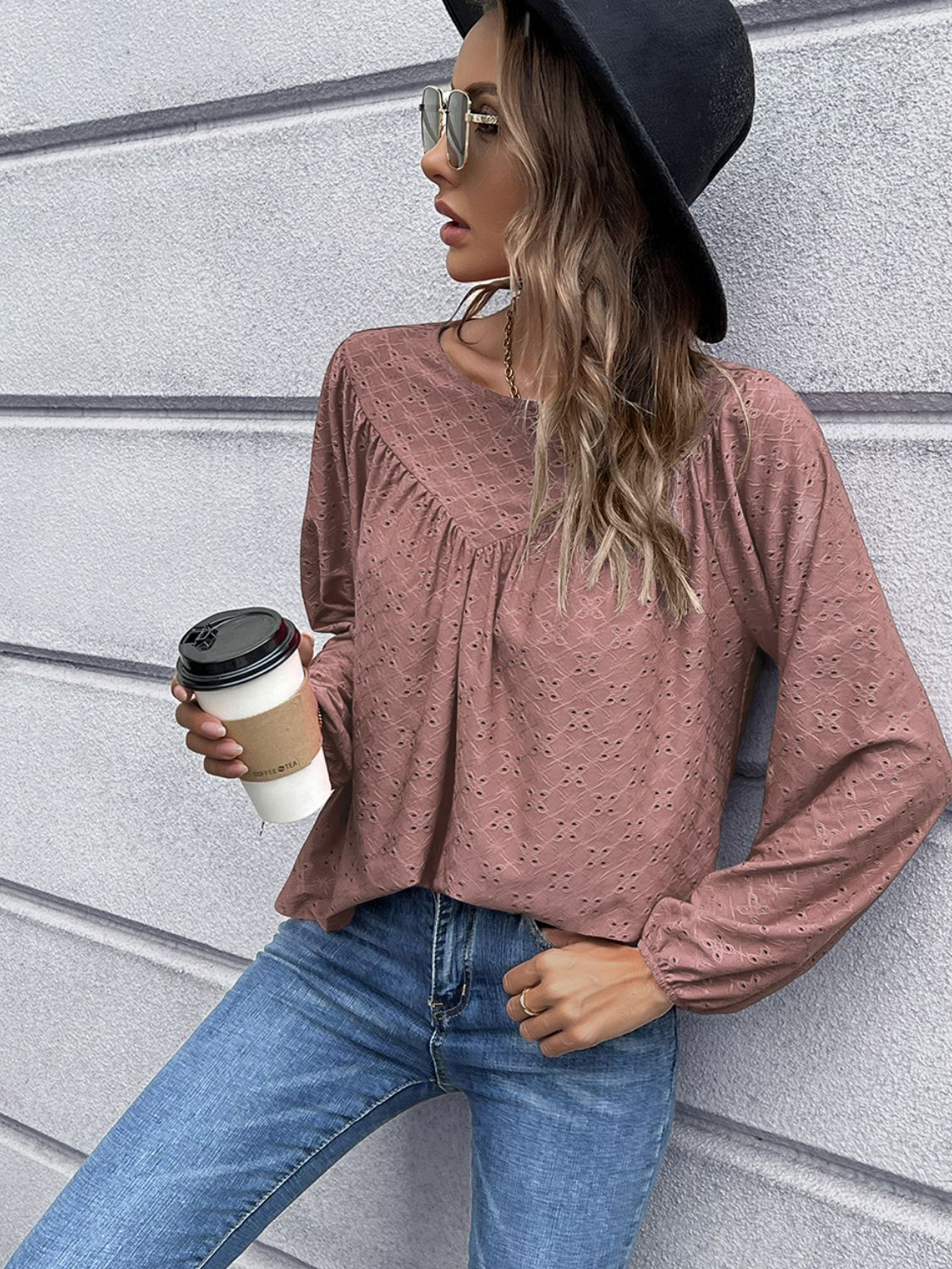 Openwork gathered detail balloon sleeve blouse in various colors, showcasing its stylish design and elegant balloon sleeves.