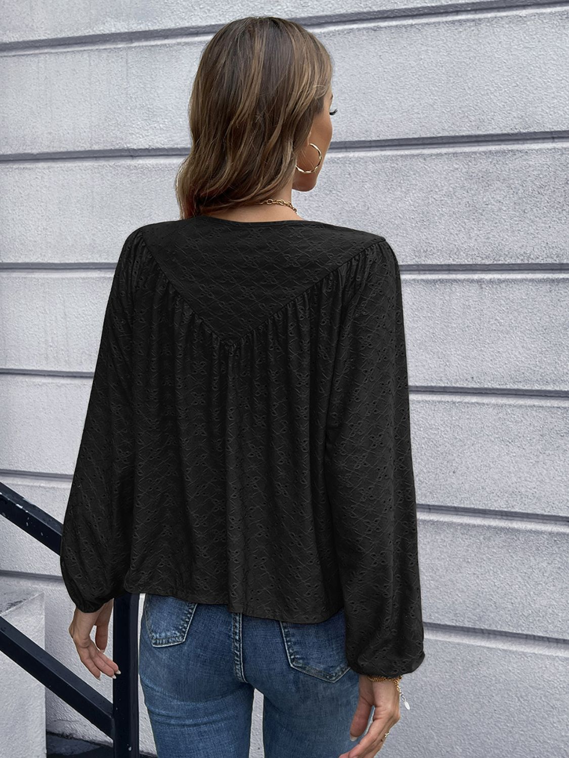 Openwork gathered detail balloon sleeve blouse in various colors, showcasing its stylish design and elegant balloon sleeves.