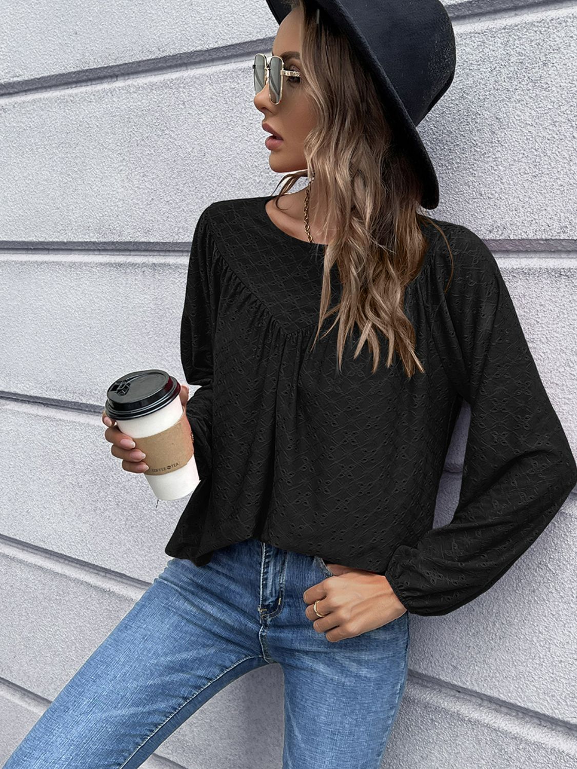 Openwork gathered detail balloon sleeve blouse in various colors, showcasing its stylish design and elegant balloon sleeves.