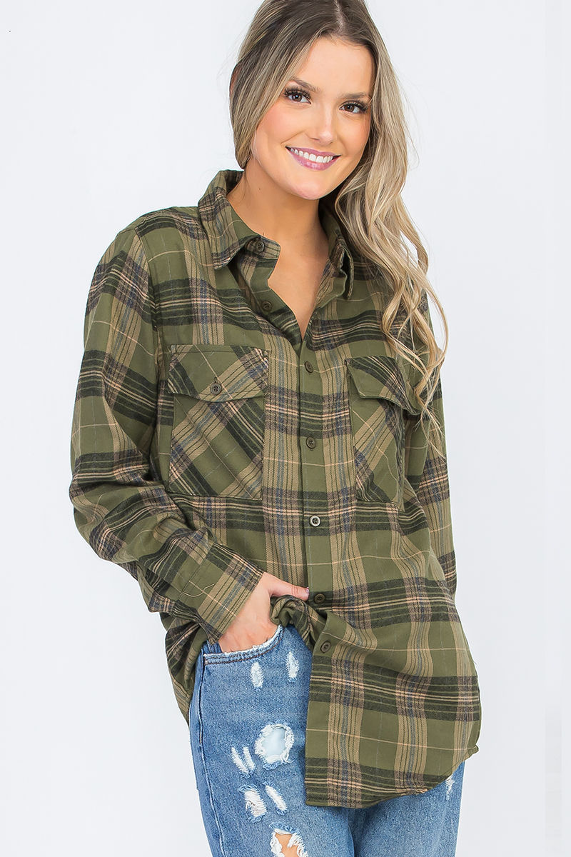 Oversize Boyfriend Plaid Checkered Flannel featuring a classic plaid pattern, flat collar, and dual chest pockets, perfect for casual wear.