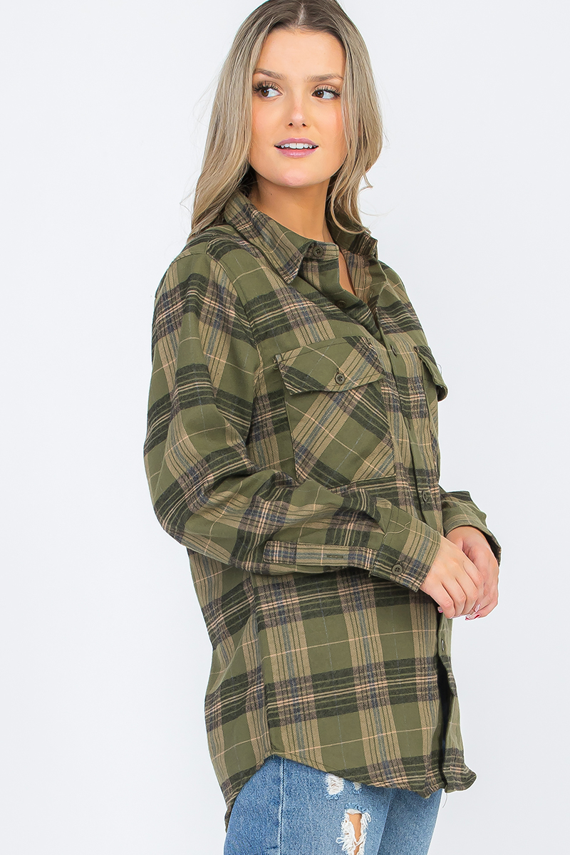 Oversize Boyfriend Plaid Checkered Flannel featuring a classic plaid pattern, flat collar, and dual chest pockets, perfect for casual wear.
