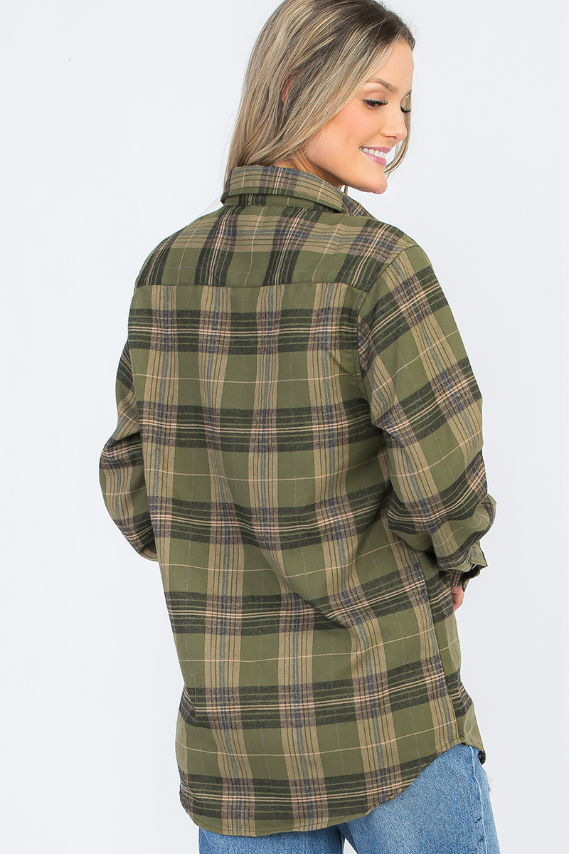 Oversize Boyfriend Plaid Checkered Flannel featuring a classic plaid pattern, flat collar, and dual chest pockets, perfect for casual wear.