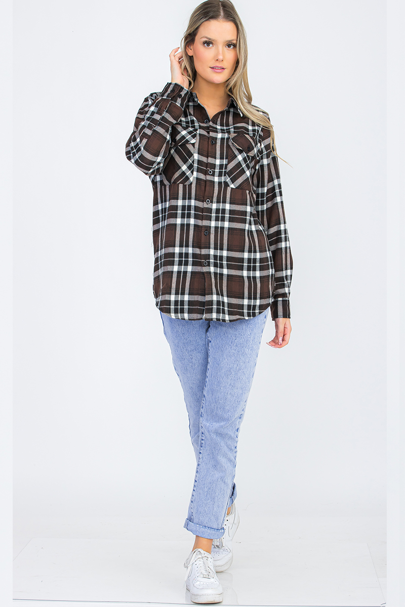 Oversize Boyfriend Plaid Checkered Flannel shirt featuring a classic plaid pattern, flat collar, and dual chest pockets.