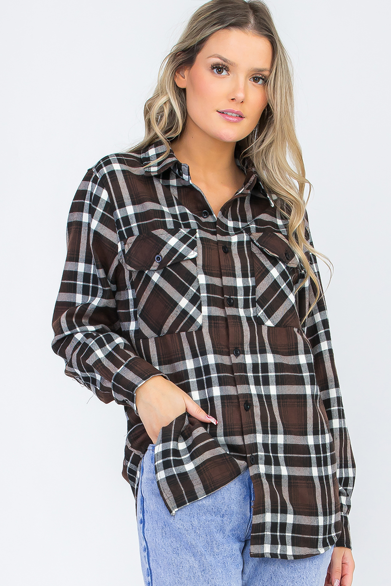Oversize Boyfriend Plaid Checkered Flannel shirt featuring a classic plaid pattern, flat collar, and dual chest pockets.