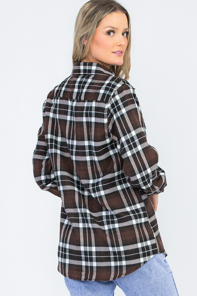 Oversize Boyfriend Plaid Checkered Flannel shirt featuring a classic plaid pattern, flat collar, and dual chest pockets.
