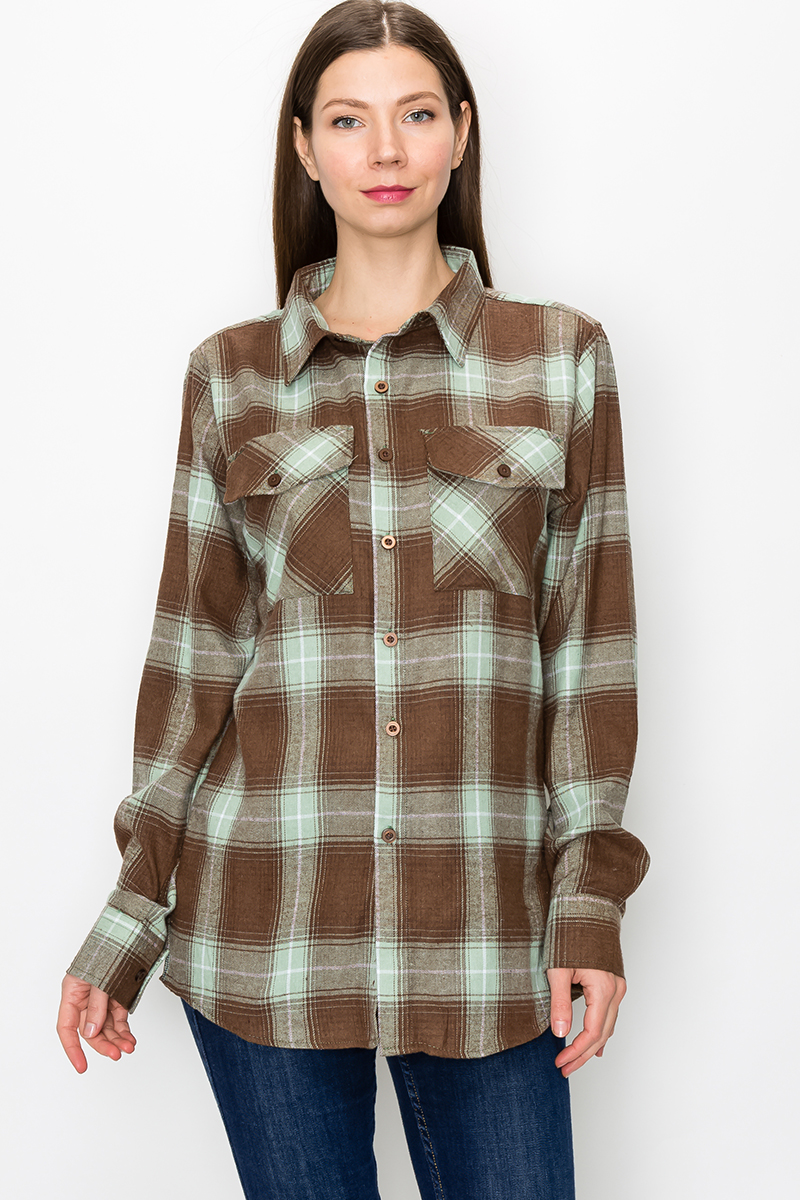 Oversize Boyfriend Plaid Checkered Flannel featuring a classic plaid pattern, flat collar, and dual chest pockets, perfect for casual wear.