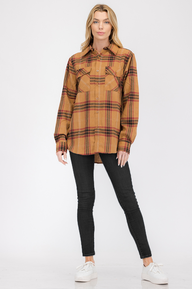 Oversize Boyfriend Plaid Checkered Flannel featuring a classic plaid pattern, flat collar, and dual chest pockets, perfect for stylish layering.