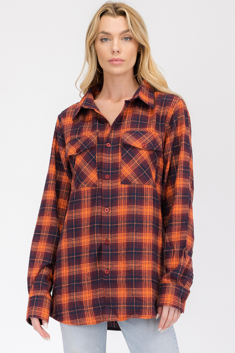 Oversize Boyfriend Plaid Checkered Flannel featuring a classic plaid pattern, flat collar, and dual chest pockets, perfect for stylish layering.