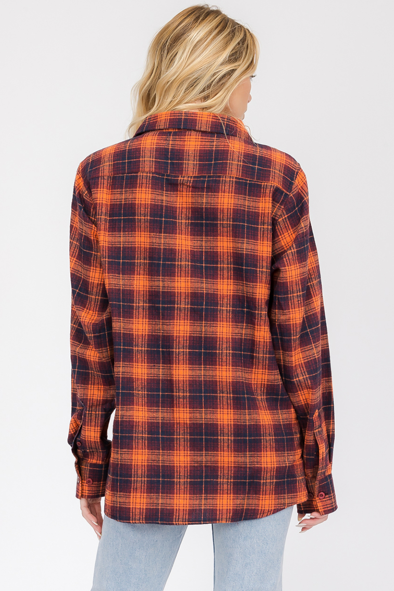 Oversize Boyfriend Plaid Checkered Flannel featuring a classic plaid pattern, flat collar, and dual chest pockets, perfect for stylish layering.