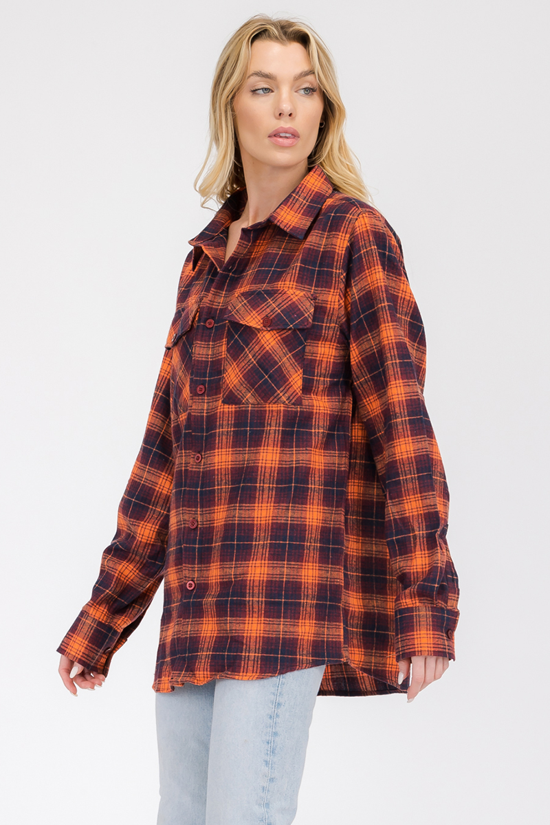 Oversize Boyfriend Plaid Checkered Flannel featuring a classic plaid pattern, flat collar, and dual chest pockets, perfect for stylish layering.