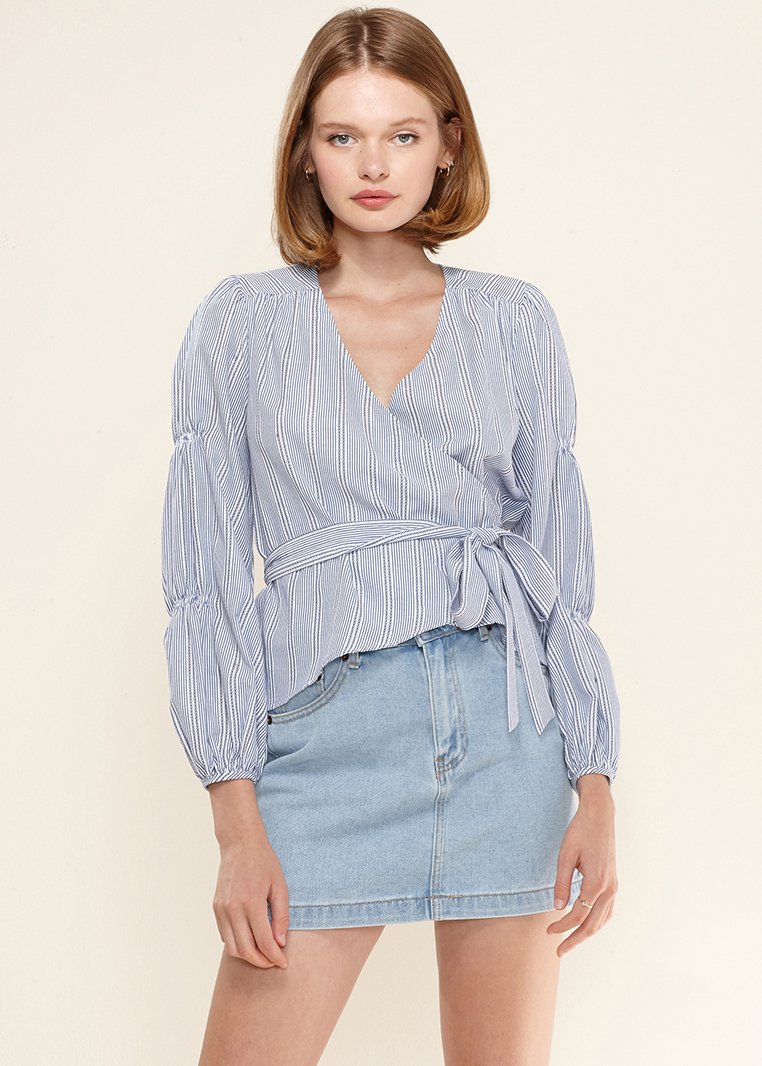 Smocked Sleeve Stripe Wrap Blouse in Blue featuring a deep V neckline and peasant sleeves, perfect for casual and chic outfits.