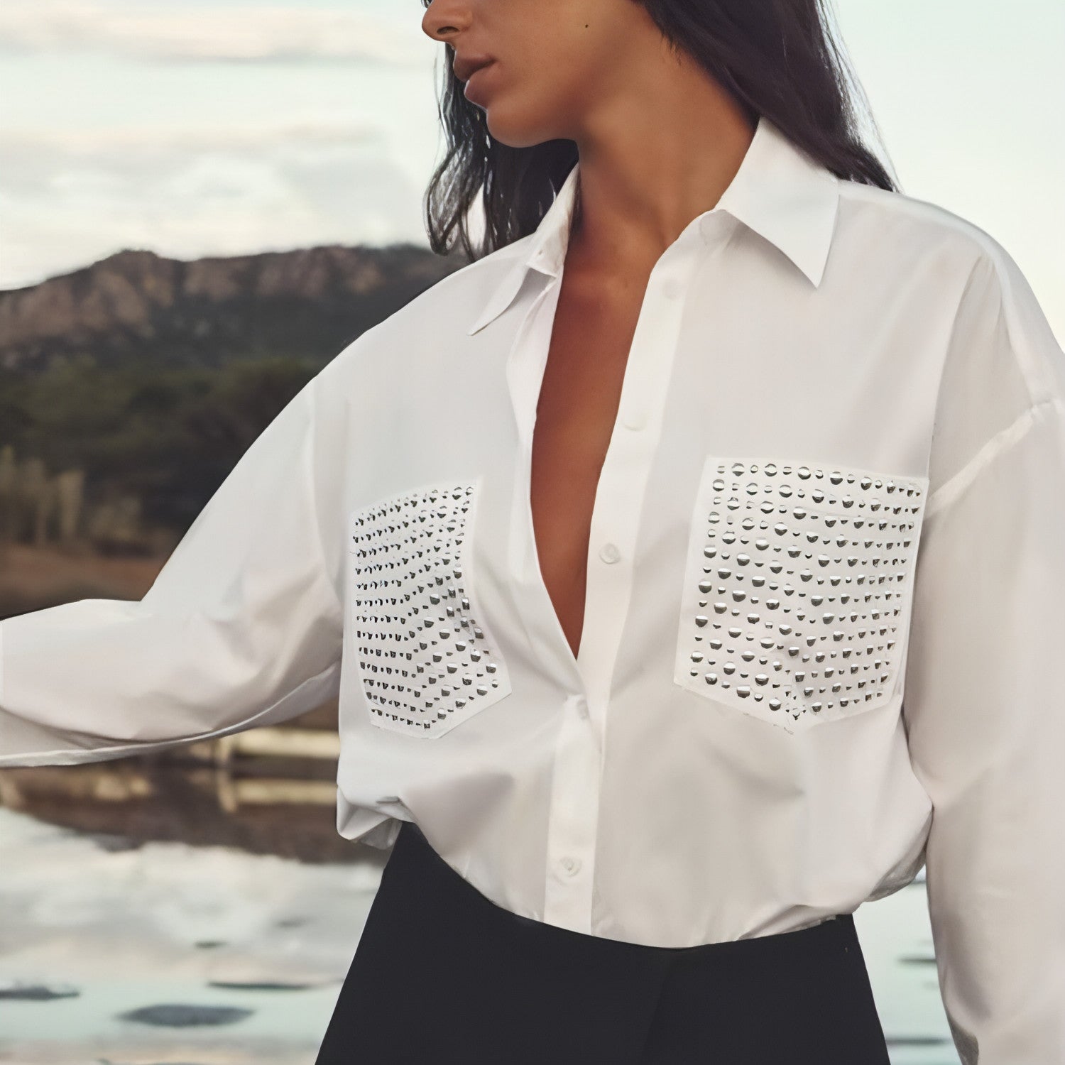 Main Street Trendy Rivet Ornament Loose Long Sleeve Shirt Women image