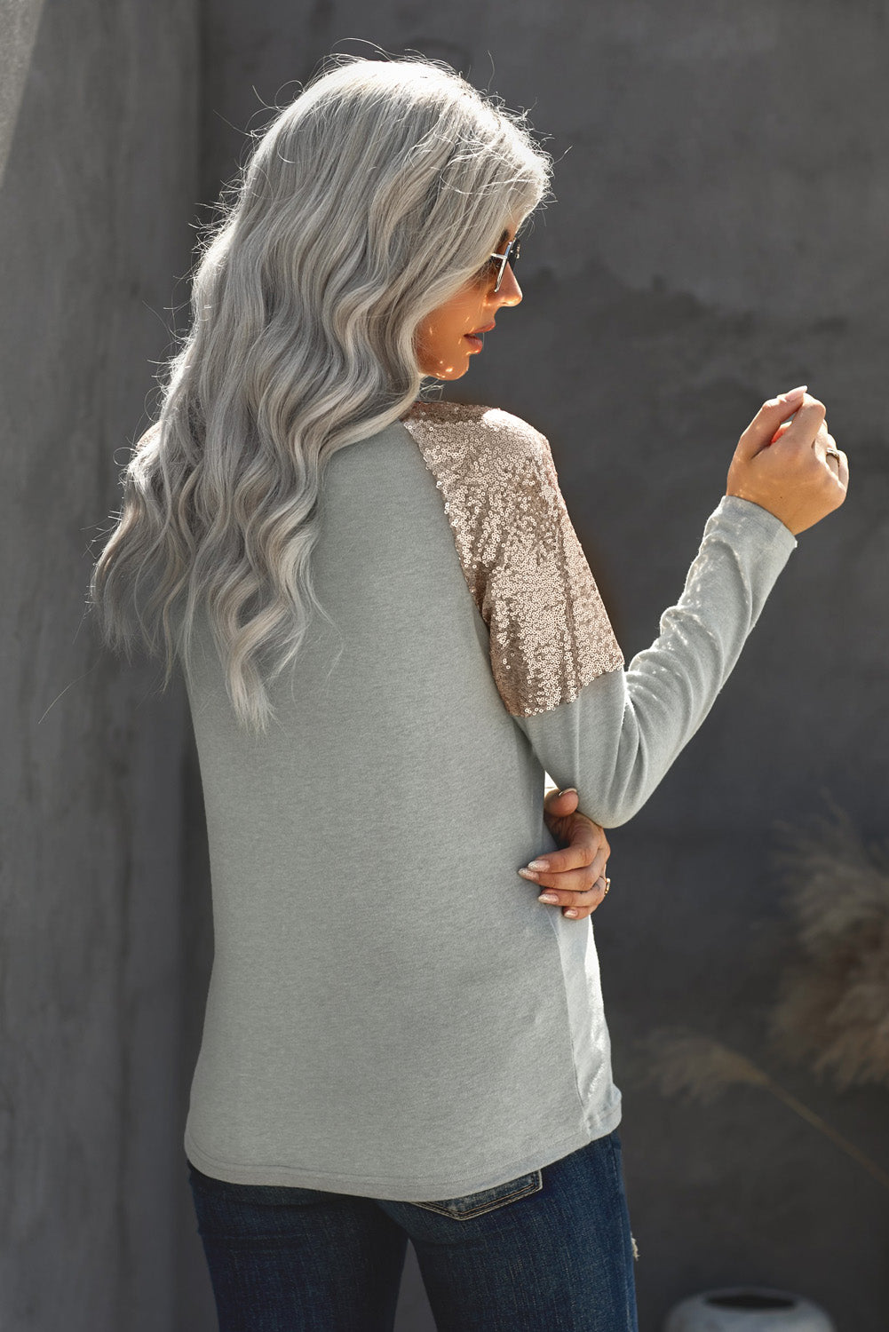 Women Gray Sequin Shoulder Long Sleeve Top featuring a classic round neck and stylish sequin details on the shoulders.