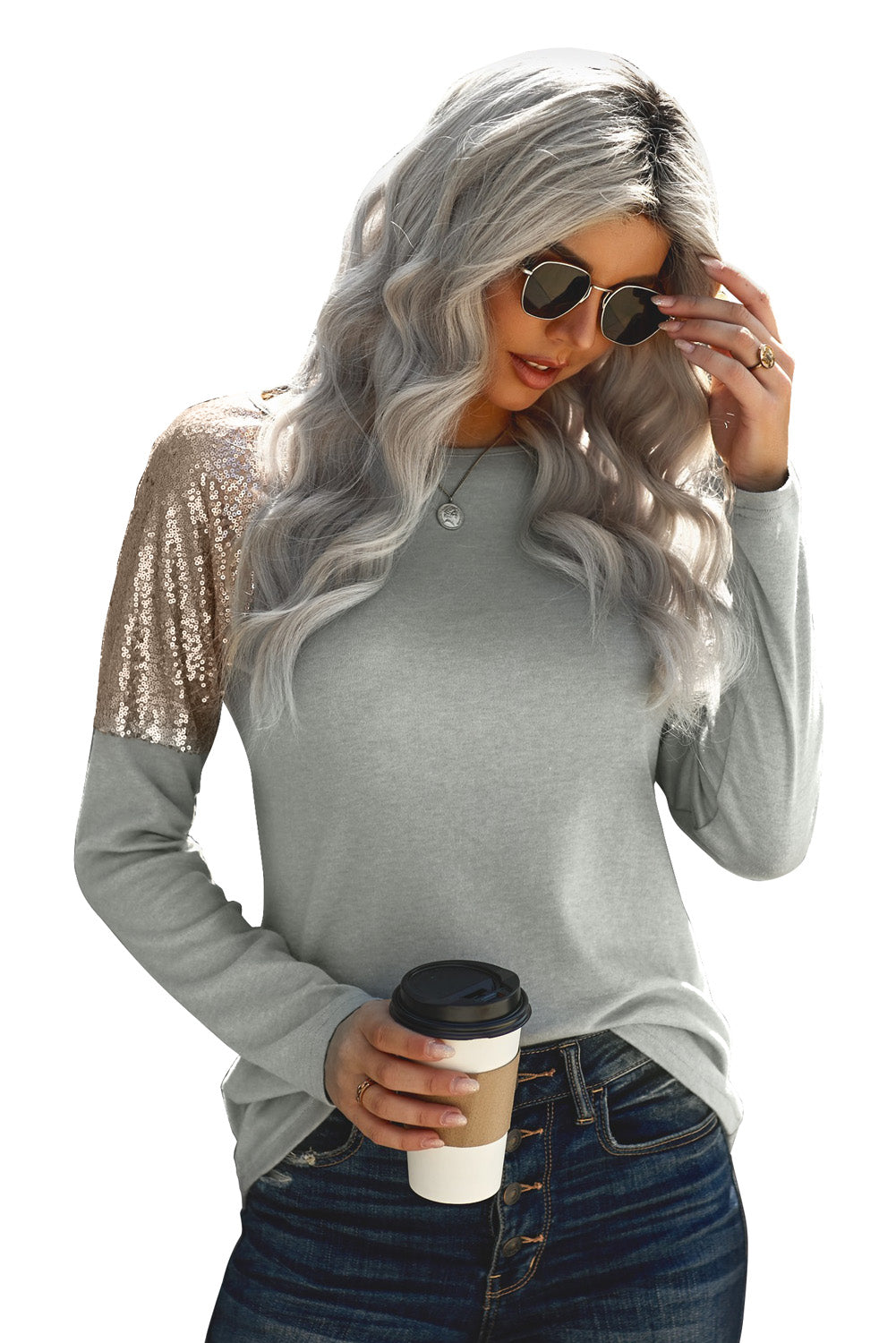 Women Gray Sequin Shoulder Long Sleeve Top featuring a classic round neck and stylish sequin details on the shoulders.