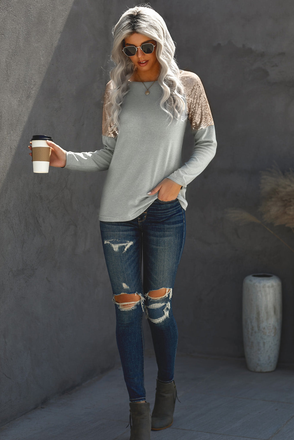 Women Gray Sequin Shoulder Long Sleeve Top featuring a classic round neck and stylish sequin details on the shoulders.