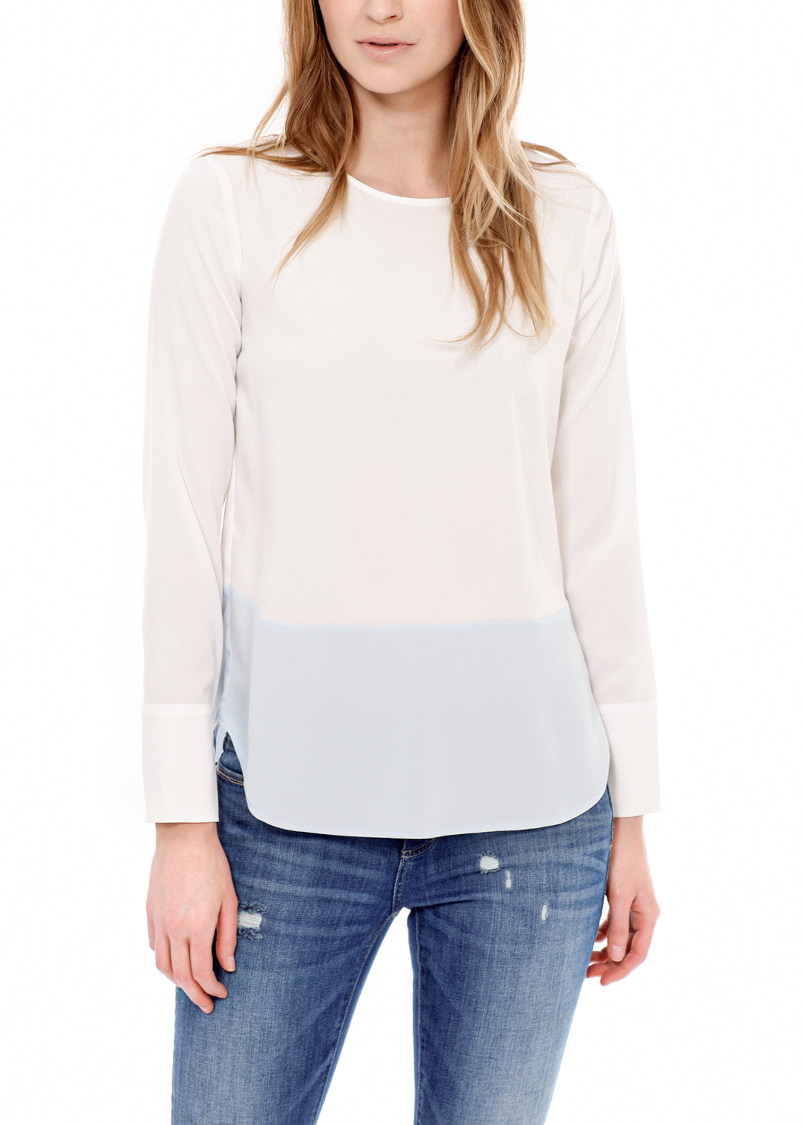 Women's ivory top featuring a sheer design and back button closure, made from 100% polyester.