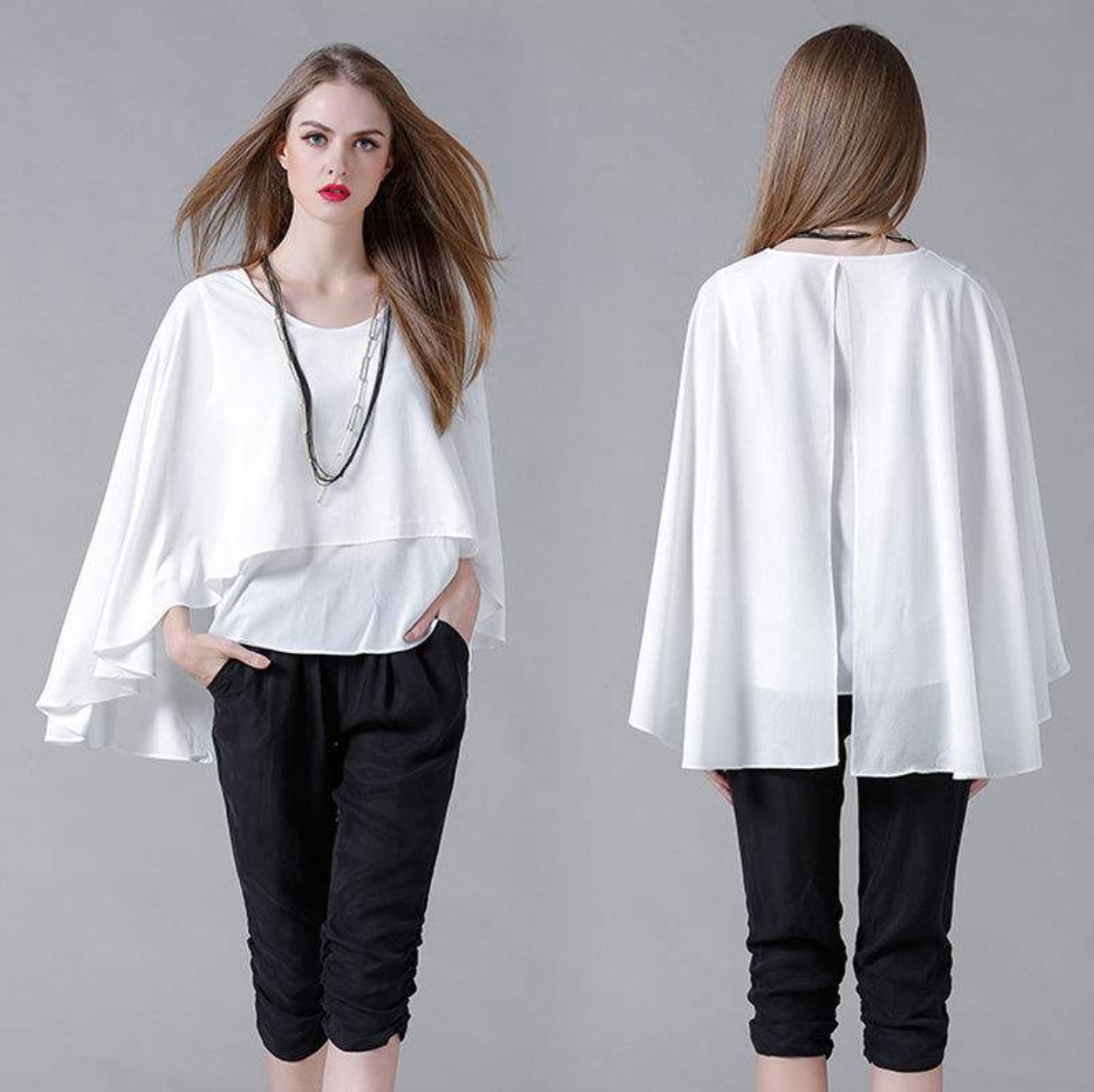 Women's Batwing Layered Chiffon Top in gray and white, showcasing its stylish batwing sleeves and layered design.