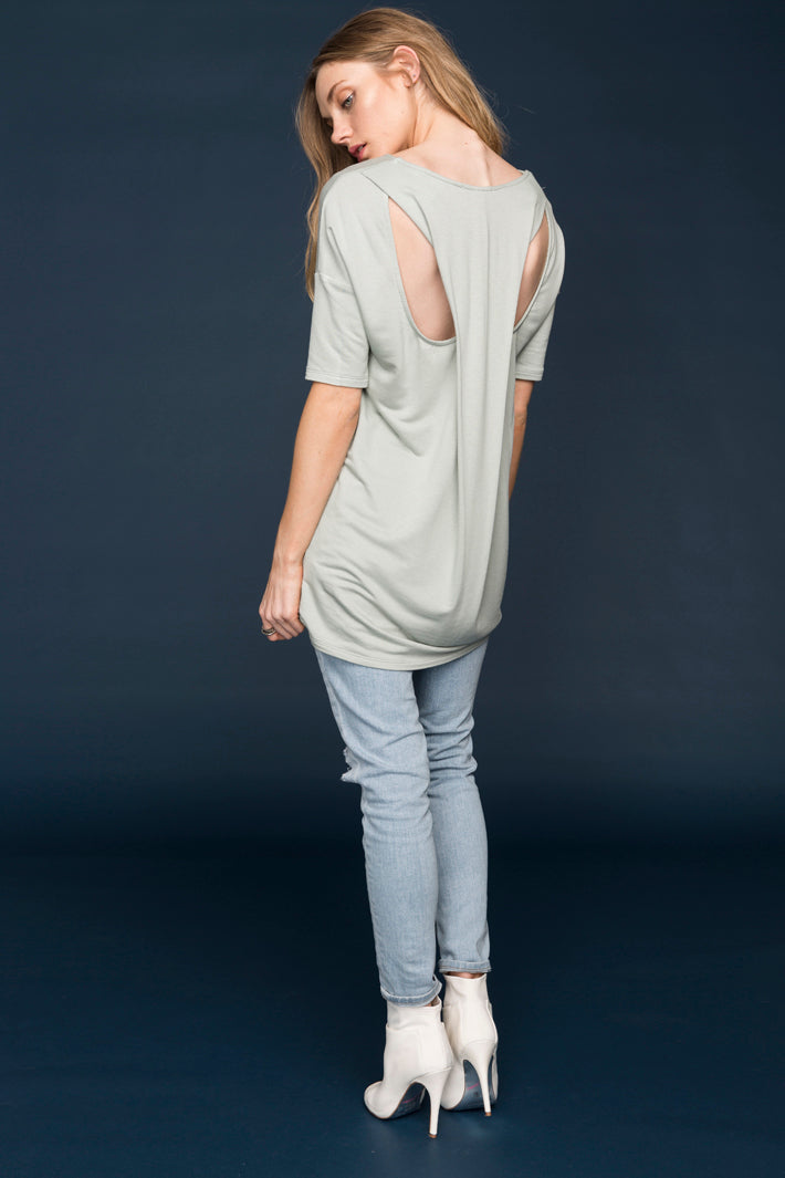 Women's Cut Out Drape Back Tunic featuring a stylish cut-out design and elegant drape back, made from soft modal and spandex blend.
