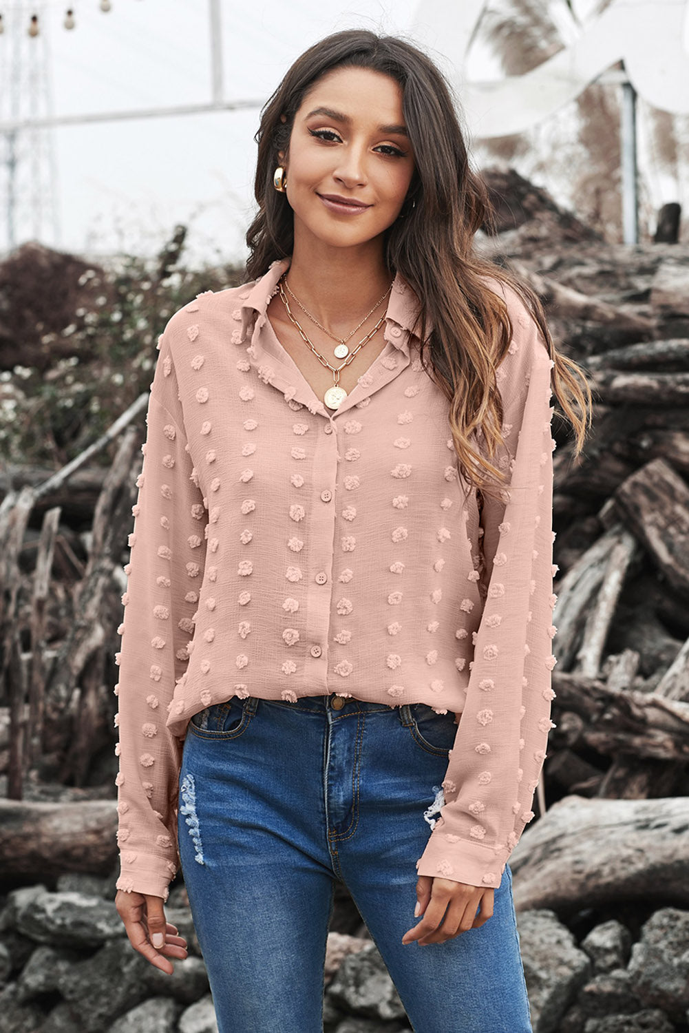Women's elegant khaki long sleeve shirt with fuzzy polka dots, featuring a button closure and relaxed fit, perfect for various occasions.