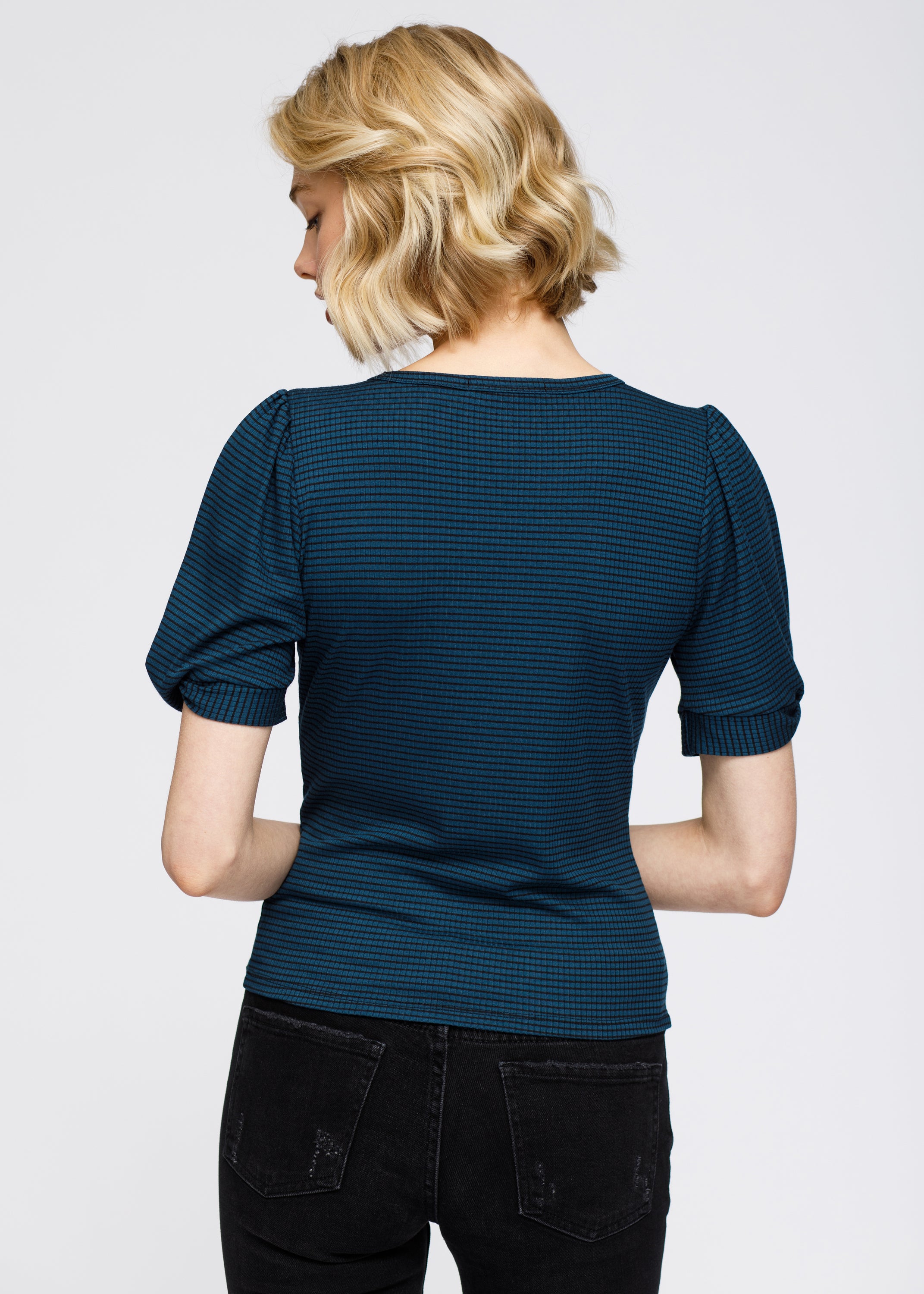 Women's Gathered Short Sleeve Stripe Knit Top featuring twisted sleeves and ribbed fabric in a stylish design.