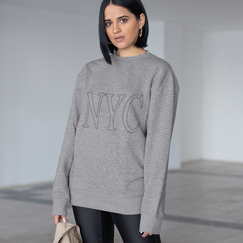 Womens Gray NYC Crewneck Sweatshirt featuring a loose fit and stylish logo design, perfect for casual wear.
