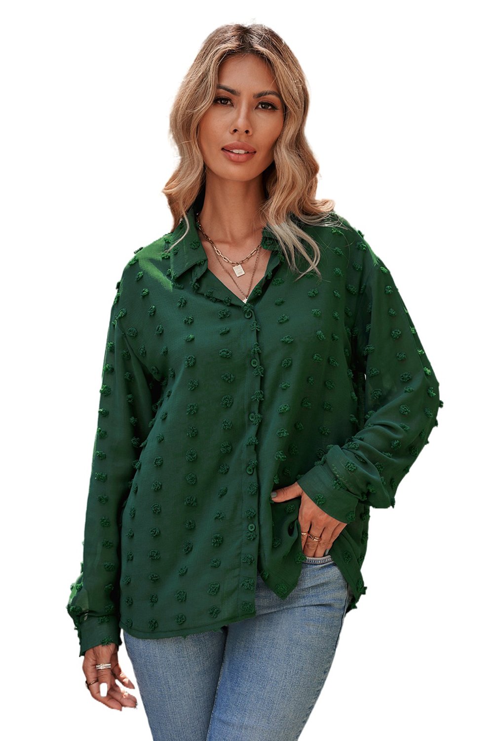 Women's green long sleeve button-up shirt with fuzzy polka dots, showcasing a relaxed fit and elegant design, perfect for work or casual wear.