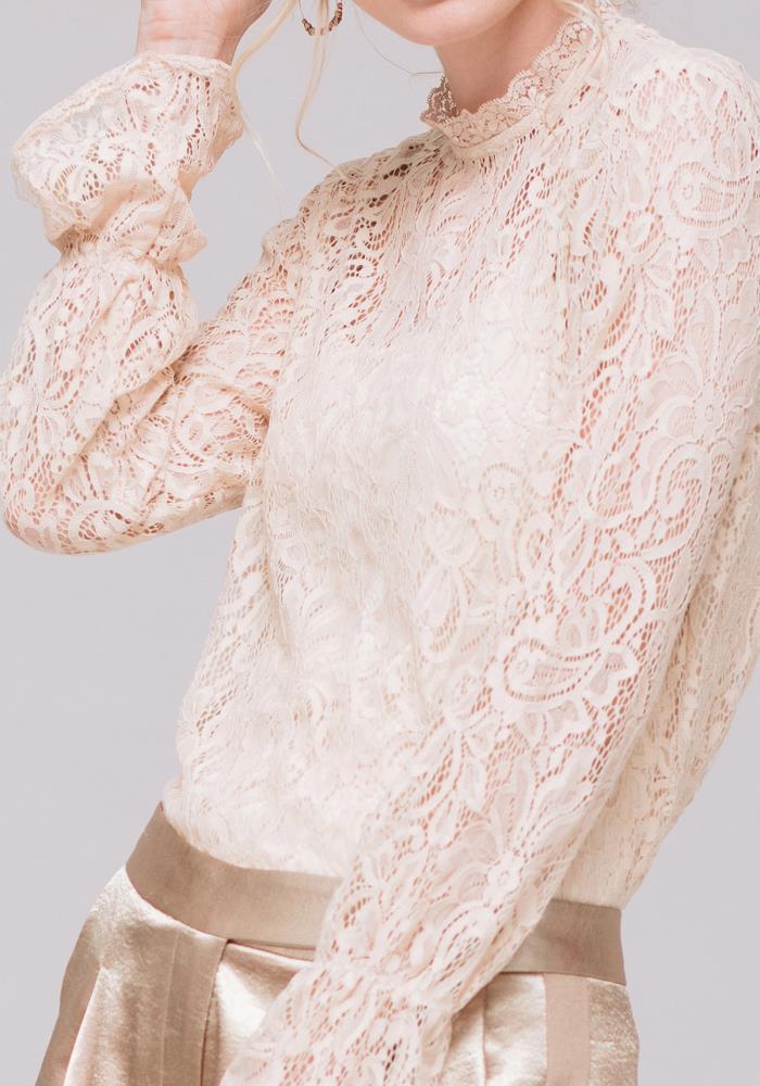 A stylish Women's Lace Turtle Neck Top featuring sheer lace fabric and a high neck design, perfect for layering and holiday outfits.