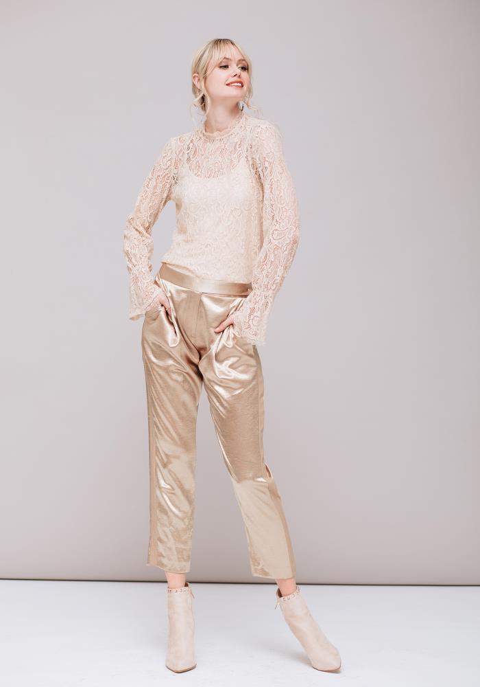 A stylish Women's Lace Turtle Neck Top featuring sheer lace fabric and a high neck design, perfect for layering and holiday outfits.