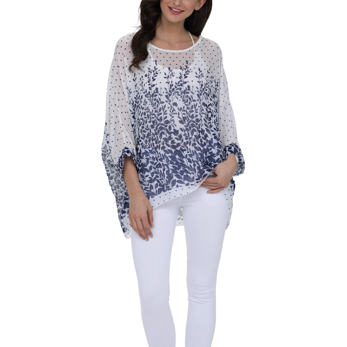 Women's Lavender Floral Print Chiffon Tunic featuring a soft lavender color with floral patterns in purple and pink.