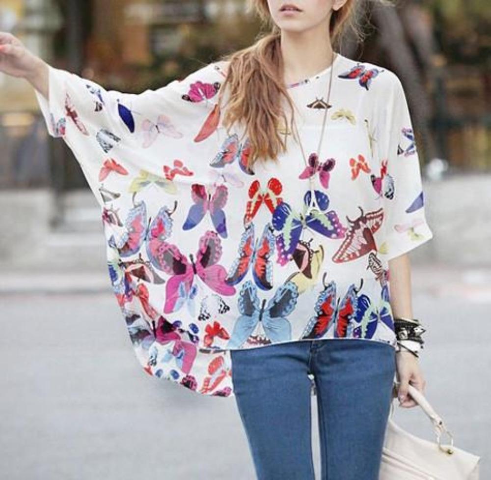 Womens Loose Fit Butterfly Theme Batwing Top in white chiffon, showcasing its elegant design and loose fit.