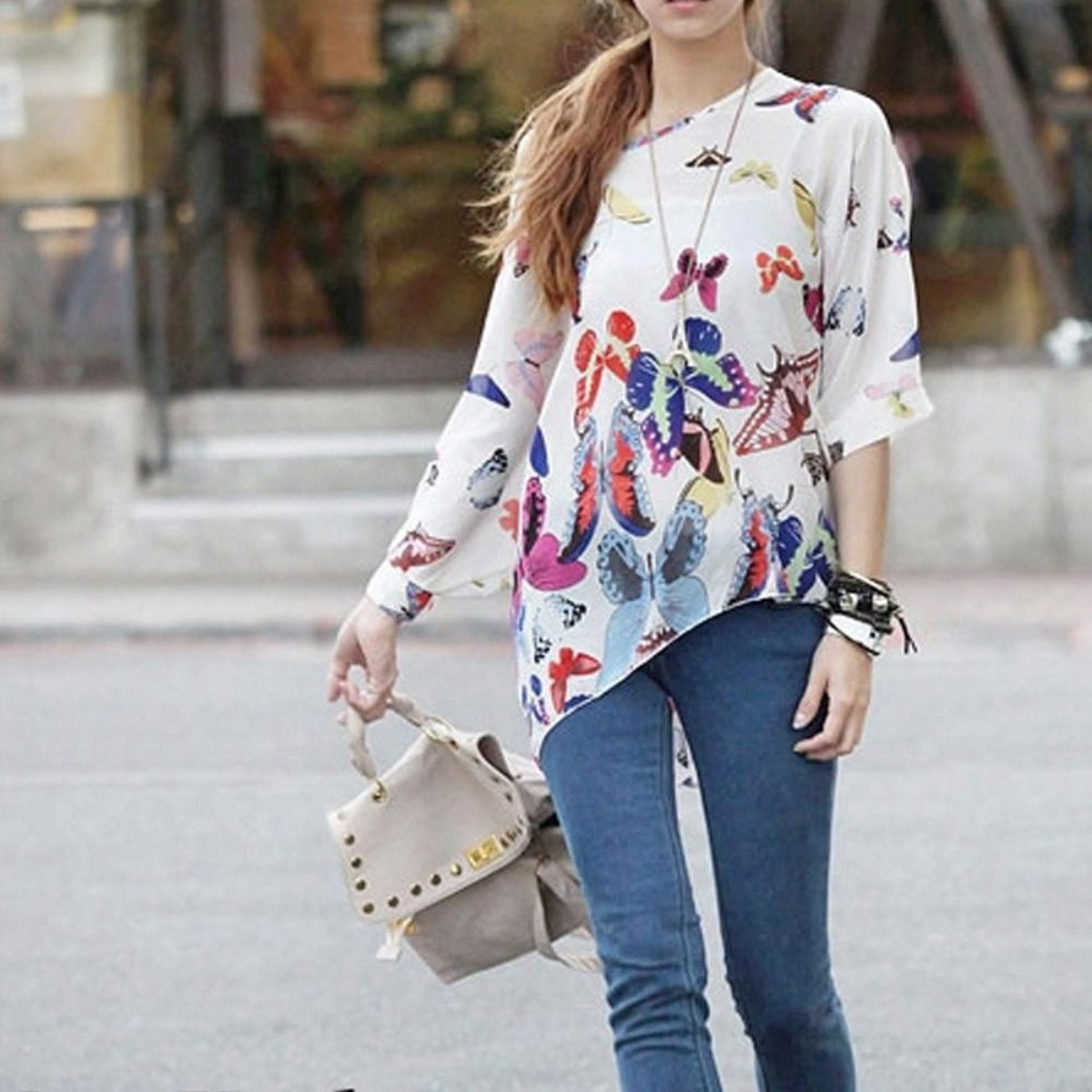 Womens Loose Fit Butterfly Theme Batwing Top in white chiffon, showcasing its elegant design and loose fit.