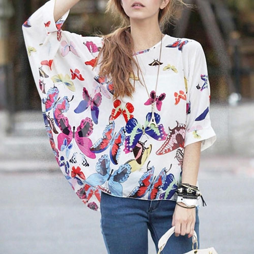 Womens Loose Fit Butterfly Theme Batwing Top in white chiffon, showcasing its elegant design and loose fit.