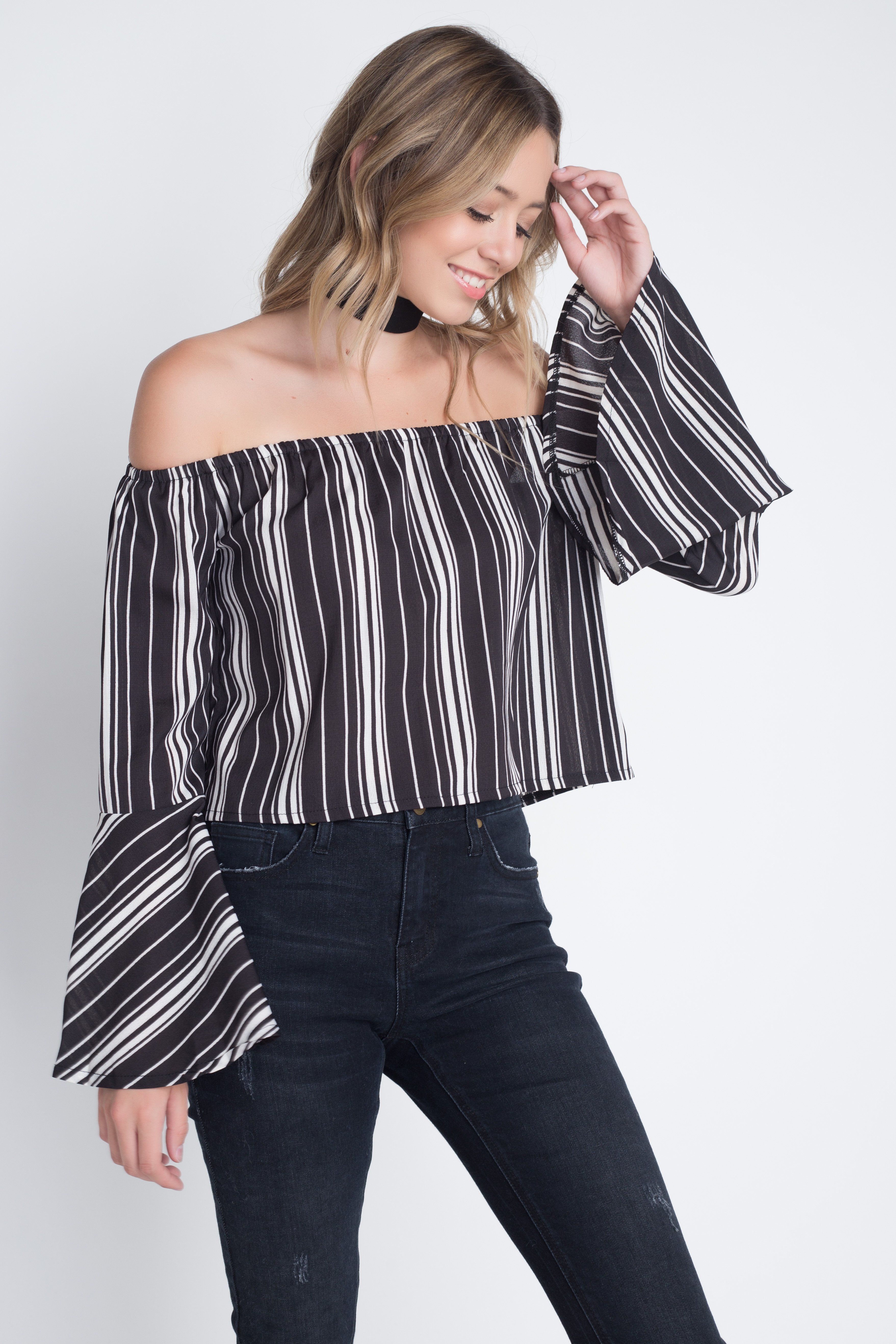 A stylish Women's Off Shoulder Casual Stripe Bell Sleeve Top featuring a trendy stripe print and elegant bell sleeves, perfect for casual outings.